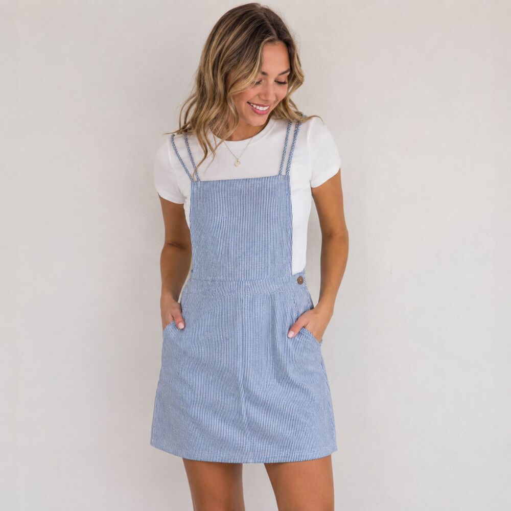 Sadie & Sage Striped Overall Jumper Dress Blue White Pinafore Small